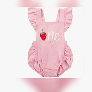 Pink Ruffled Baby Romper with Strawberry Design- 🍓NE (1st Birthday🥳) 12-18M